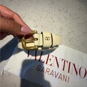 Valentino Garavani Cream Leather Belt with Gold Buckle and Logo Loop